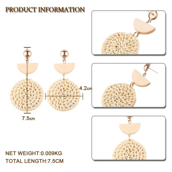 New Handmade Wooden Straw Round Drop Earrings - Picture 6 of 7